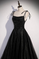 Black Tulle Beaded Long Prom Dresses, A-Line Spaghetti Straps Evening Dresses