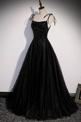 Black Tulle Beaded Long Prom Dresses, A-Line Spaghetti Straps Evening Dresses