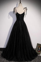 Black Tulle Beaded Long Prom Dresses, A-Line Spaghetti Straps Evening Dresses