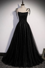 Black Tulle Beaded Long Prom Dresses, A-Line Spaghetti Straps Evening Dresses