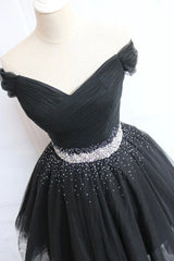 Black Tulle Beaded Short Prom Dresses, Off Shoulder Evening Party Dresses