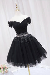 Black Tulle Beaded Short Prom Dresses, Off Shoulder Evening Party Dresses