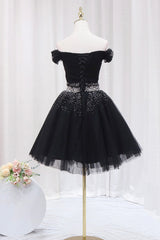 Black Tulle Beaded Short Prom Dresses, Off Shoulder Evening Party Dresses