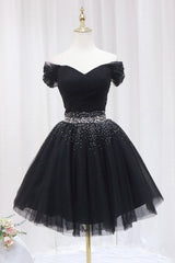 Black Tulle Beaded Short Prom Dresses, Off Shoulder Evening Party Dresses