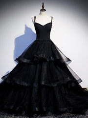 Black Tulle Double Straps Beading Prom Dresses