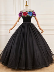 Black Tulle Embroidery Flower Quinceanera Dresses