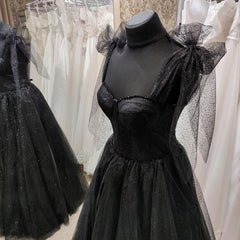 Black Tulle Floor Length Long Party Dresses with Slit, Black Evening Dresses