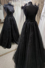 Black Tulle Floor Length Long Party Dresses with Slit, Black Evening Dresses