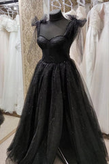 Black Tulle Floor Length Long Party Dresses with Slit, Black Evening Dresses