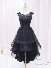 Black Tulle  Appliques Beading Prom Dress