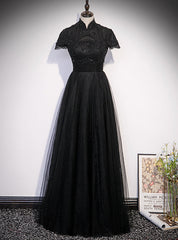 Black Tulle High Neck Cap Sleeve Beading Prom Dresses