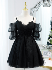 Black Tulle Lace Spaghetti Straps Pleats Homecoming Dresses