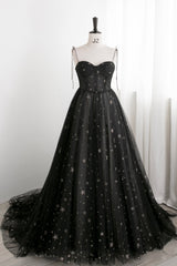 Black Tulle Long Prom Dresses with Stars, Cute Spaghetti Straps Graduation Dresses