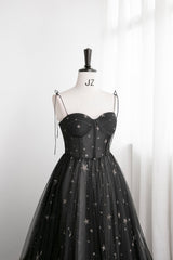 Black Tulle Long Prom Dresses with Stars, Cute Spaghetti Straps Graduation Dresses