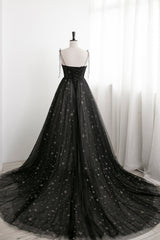 Black Tulle Long Prom Dresses with Stars, Cute Spaghetti Straps Graduation Dresses