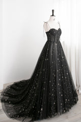 Black Tulle Long Prom Dresses with Stars, Cute Spaghetti Straps Graduation Dresses