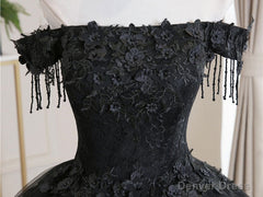 Black Tulle Off Shoulder Lace Long Prom Dress, Black Evening Dress