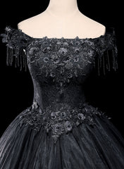 Black Tulle Off Shoulder with Lace Applique Party Dresses, Black Tulle Long Sweet 16 Dresses