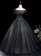 Black Tulle Off Shoulder with Lace Applique Party Dresses, Black Tulle Long Sweet 16 Dresses