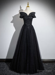 Black Tulle Off the Shoulder Appliques Prom Dress