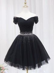 Black Tulle Off the Shoulder Pleats Beading Homeocming Dresses