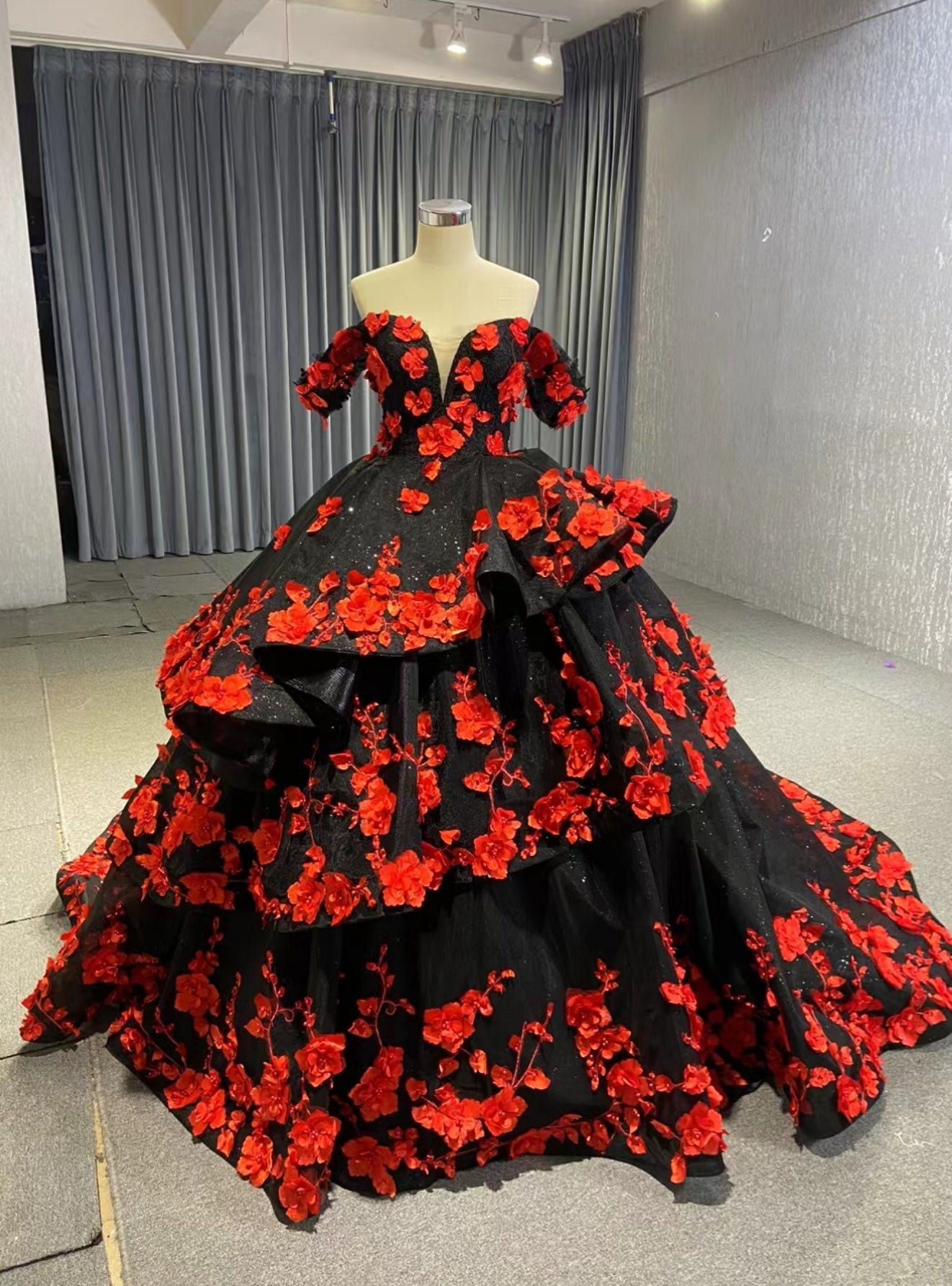 Black Tulle Off the Shoulder Red 3D Appliques Prom Dress