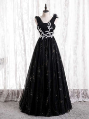 Black Tulle Pleats Appliques Beading Prom Dresses