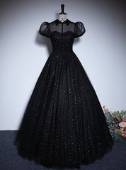 Black Tulle Puff Sleeve Prom Dress