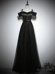 Black Tulle Satin Spaghetti Straps Prom Dress