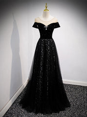 Black Tulle Sequins Cap Sleeve Prom Dresses