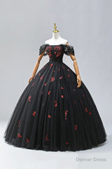 Black Tulle Sequins Long Formal Dress, A-Line Off the Shoulder Backless Evening Dress