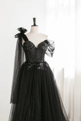 Black Tulle Sequins Long Prom Dresses, Black One Shoulder Evening Dresses