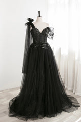 Black Tulle Sequins Long Prom Dresses, Black One Shoulder Evening Dresses