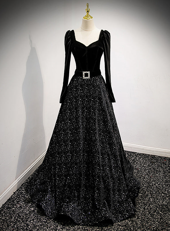 Black Tulle Sequins Long Sleeve Prom Dress