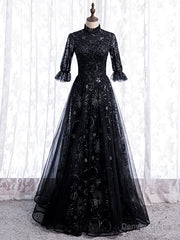 Black Tulle Sequins Short Sleeve Beading Prom Dress