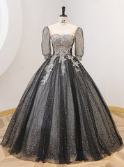 Black Tulle Sequins Short Sleeve Beading Quinceanera Dresses