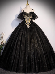 Black Tulle Sequins Spaghetti Straps Quinceanera Dresses