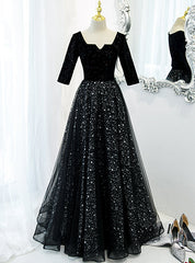 Black Tulle Sequins Square Neck Short Sleeve Prom Dresses