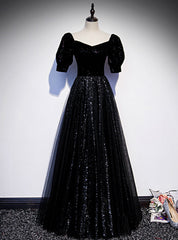 Black Tulle Sequins Square Short Sleeve Prom Dresses