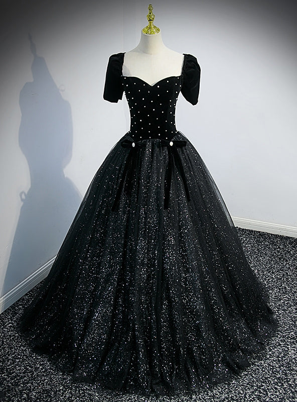 Black Tulle Sequins Strapless Prom Dress