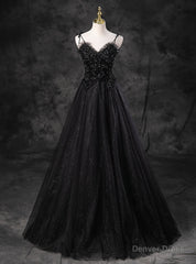 Black Tulle Sequins Straps Beading Prom Dress