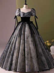 Black Tulle Short Sleeve Square Neck Quinceanera Dresses