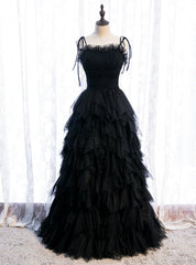 Black Tulle Spagehtti Straps Pleats Tiers Prom Dresses