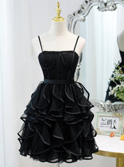 Black Tulle Spaghetti Straps Beading Homecoming Dress