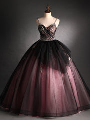 Black Tulle Spaghetti Straps Embroidery Beading Quinceanera Dresses