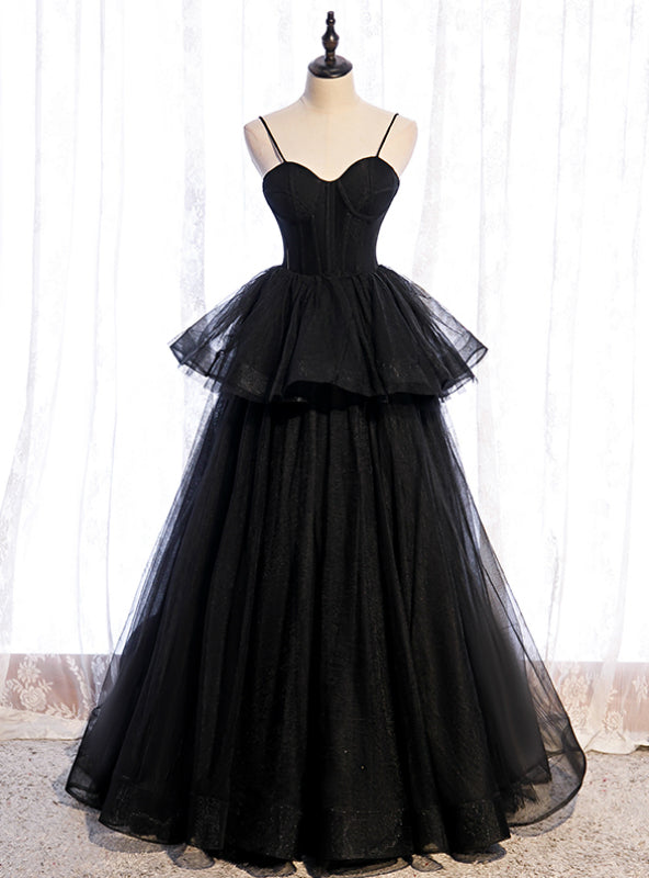 Black Tulle Spaghetti Straps Long Prom Dress