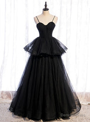 Black Tulle Spaghetti Straps Long Prom Dress