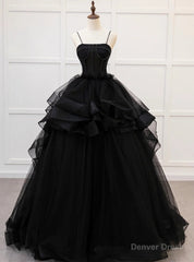 Black Tulle Spaghetti Straps Prom Dress