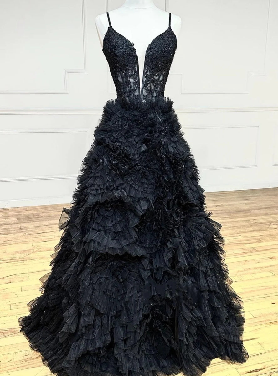 Black Tulle Spaghetti Straps Tiers Prom Dress