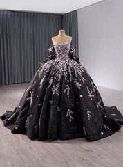 Black Tulle Strapless Sequins Prom Dress